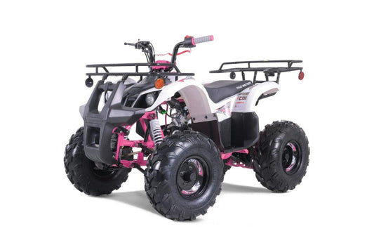 Youth gas-powered ATV with pink and white body, rugged tires, and cargo racks on white background.