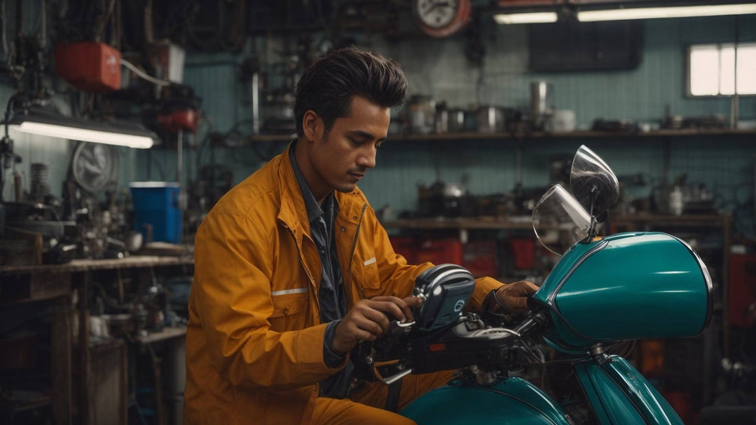 Mechanic in yellow jacket adjusting scooter timing in a workshop setting