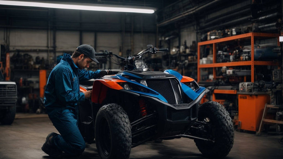 Technician bleeding brakes on a four wheeler ATV in a workshop setting
