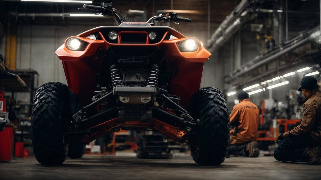 Front view of a kids ATV with headlights on in a garage, two people working nearby