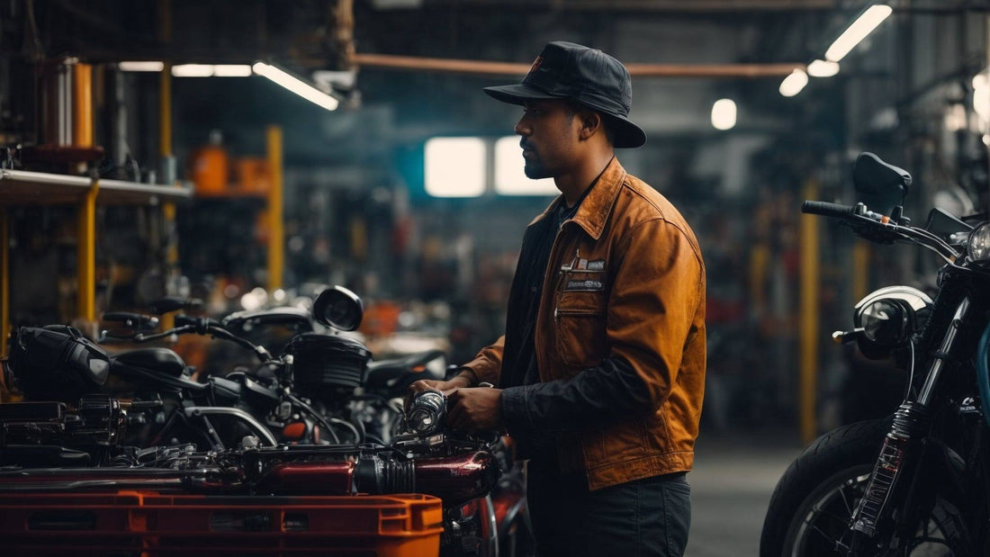 Man cleaning motorcycle carburetor in a garage workshop with multiple bikes