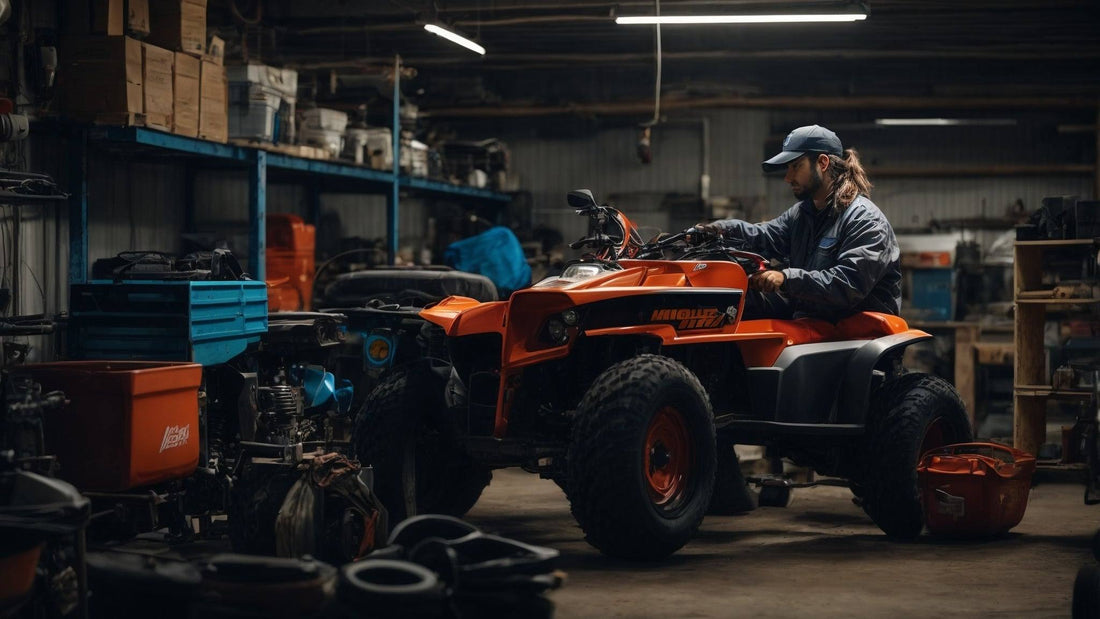 Man performing maintenance on an orange youth ATV in a garage workshop setting
