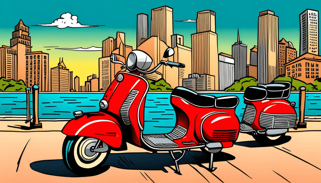 Red motor scooters parked by waterfront with city skyline in background, fuel-efficient vehicle