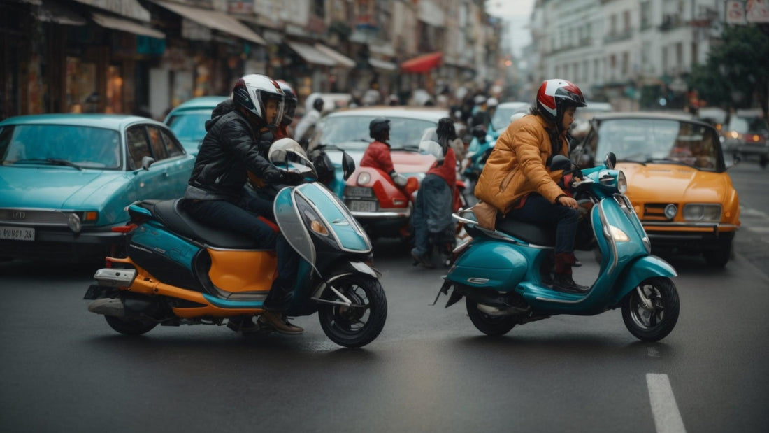 Two riders wearing helmets on blue scooters crossing a busy city street with vintage cars and pedestrians