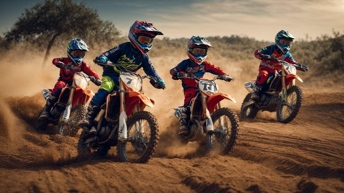 Kids riding dirt bikes in motocross gear on a sandy outdoor trail
