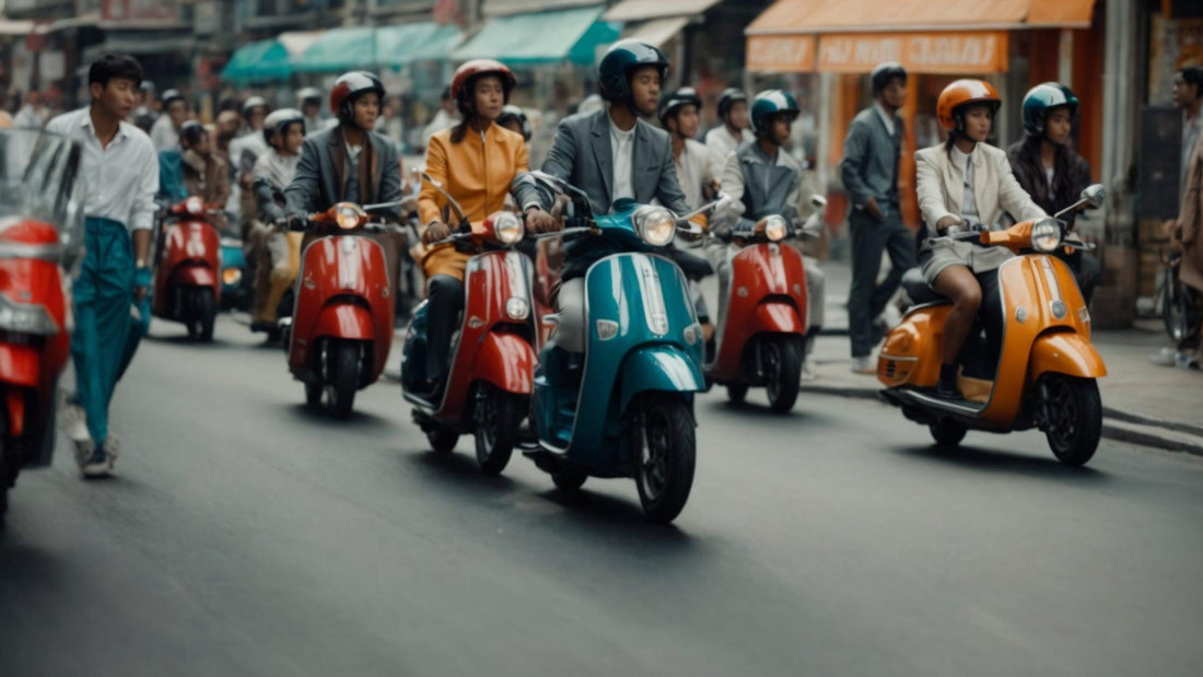 Group of people riding colorful motor scooters on a busy city street with shops in background