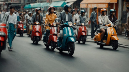 Group of people riding colorful motor scooters on a busy city street with shops in background