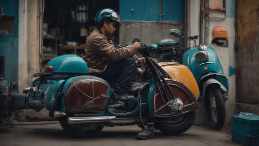 Man tuning a vintage motor scooter in a workshop, wearing helmet and brown jacket