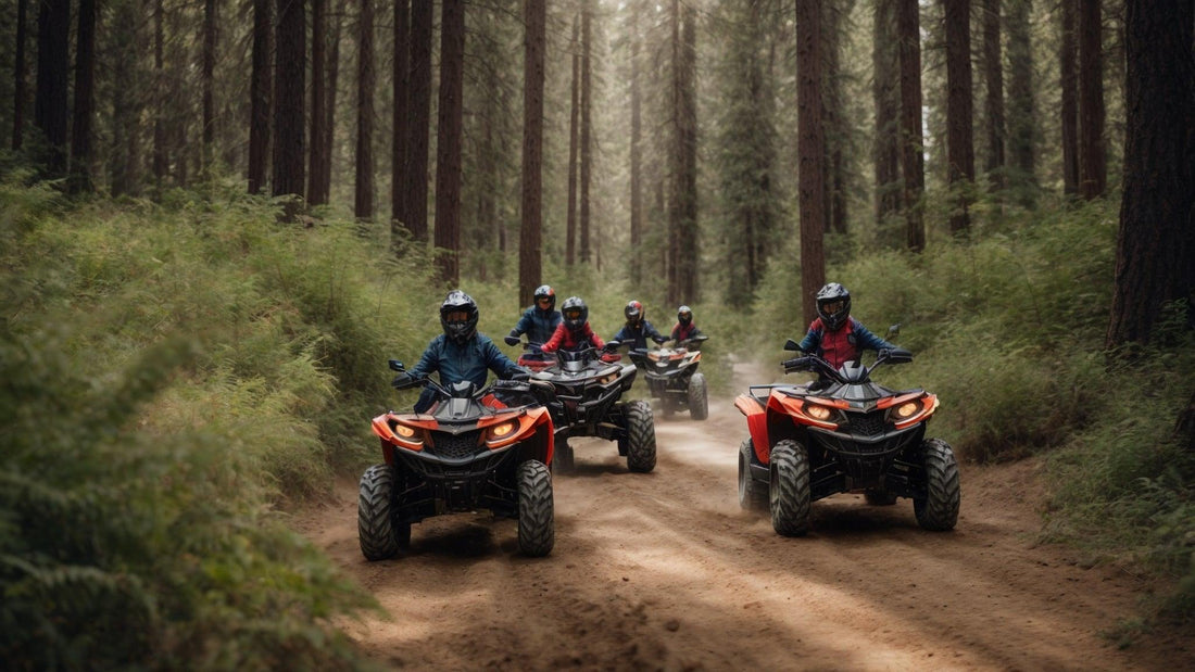 Group riding ATVs on a forest trail, wearing helmets and safety gear, outdoor adventure
