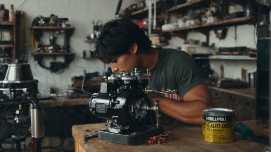 Man cleaning and servicing a GY6 scooter carburetor in a workshop with tools nearby