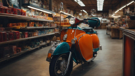 Colorful 4-stroke 50cc motor scooter parked in a store aisle, surrounded by shelves of goods