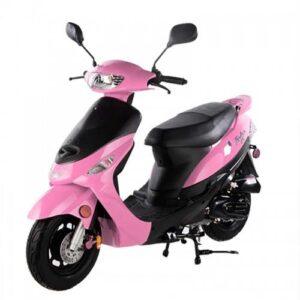 Pink 50cc scooter with mirrors and black seat on white background