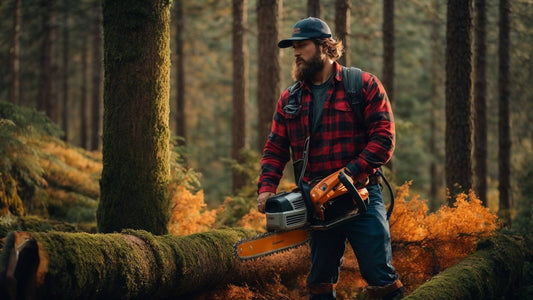 Man in plaid shirt using chainsaw to cut logs in a forest setting, surrounded by trees
