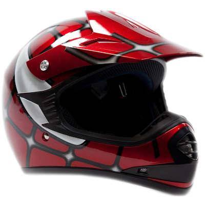 Red motocross helmet with black and silver graphic design, side profile view