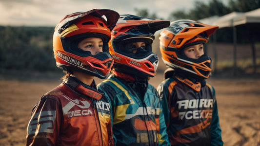 Three kids wearing youth motocross helmets and racing jerseys on a dirt track outdoors