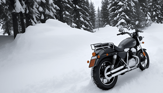 Black motorcycle parked outdoors in deep snow with pine trees and heavy winter scenery
