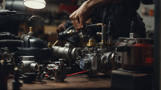 Mechanic tuning a 4-stroke carburetor on a workbench with engine parts under workshop lighting