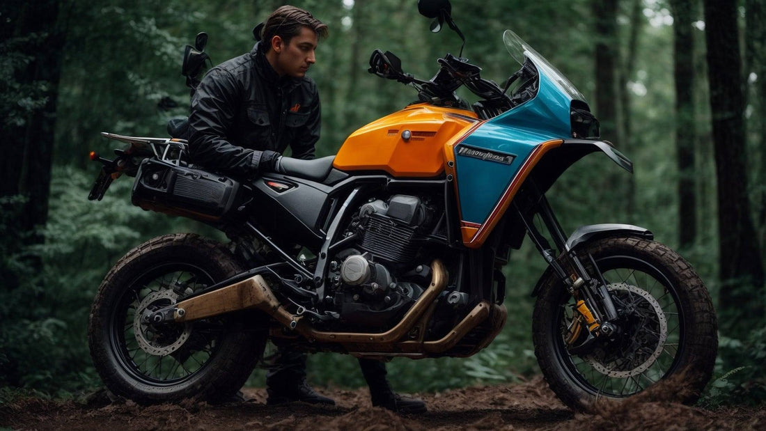 Rider tuning dual sport motorcycle in forest, adventure bike with mud tires