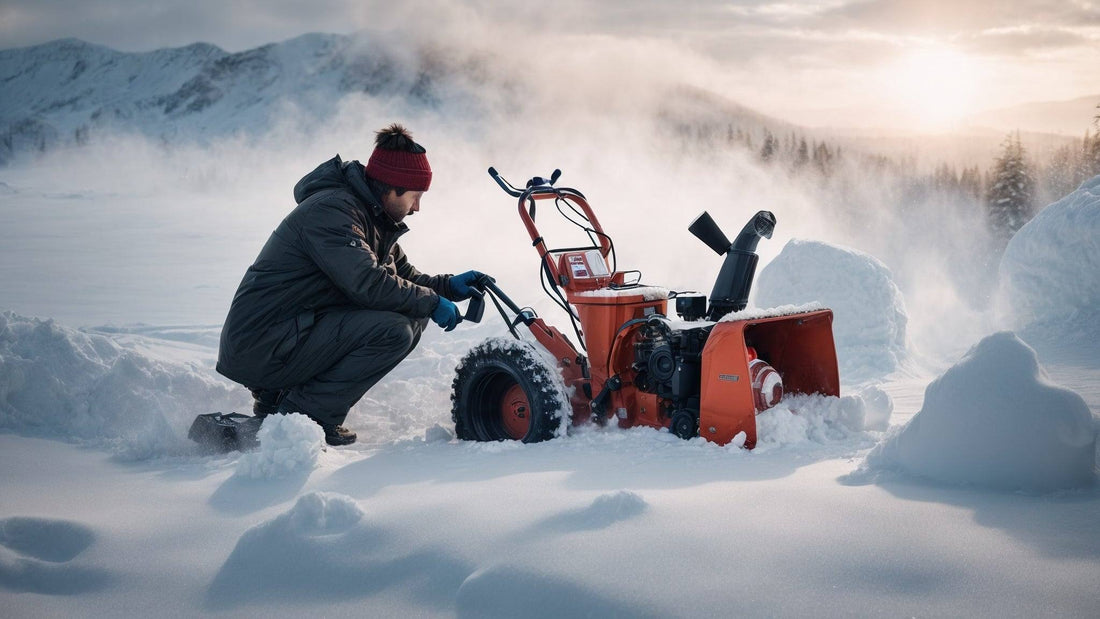 Man tuning up an orange snowblower outdoors in deep snow with mountains in the background