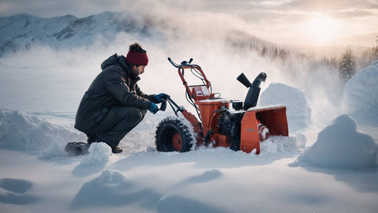 Man tuning up an orange snowblower outdoors in deep snow with mountains in the background