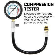 Compression tester gauge for gasoline engines with flexible hose and fitting, diagnostic tool