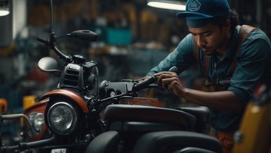 Mechanic repairing starter on gas powered scooter in workshop