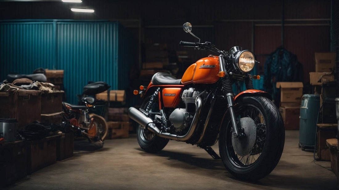 Orange motorcycle stored in a garage surrounded by boxes and gear, ready for winter storage
