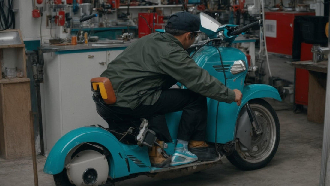 Person testing blue motor scooter in workshop at Q9 PowerSports USA