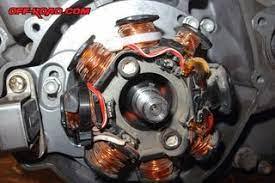 Close-up of a 12V 6-coil scooter stator with copper windings and wiring exposed