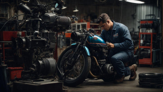 Mechanic troubleshooting motorcycle in repair shop with tools and garage equipment