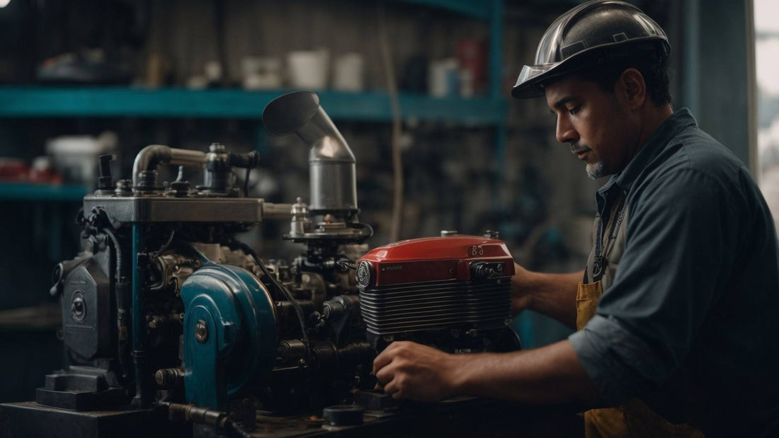 Technician winterizing small engine in workshop, ATV maintenance, safety gear on