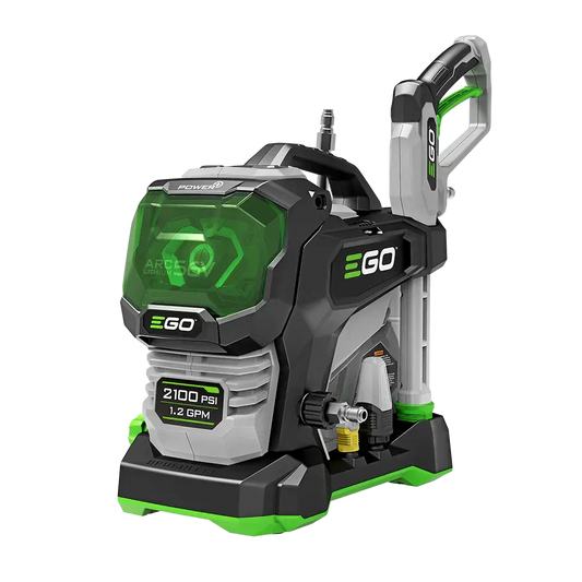 Cordless electric pressure washer with 2100 PSI, compact design and green accents