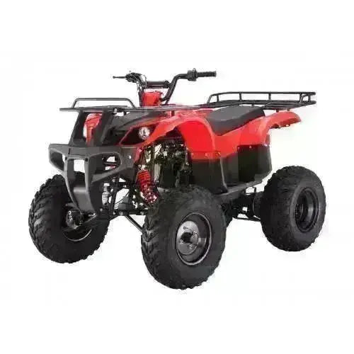 Red utility ATV four-wheeler with rugged tires and front rack, viewed on white background