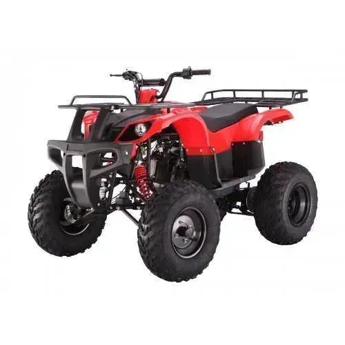 Red utility four wheeler ATV with rugged tires and cargo racks on a white background