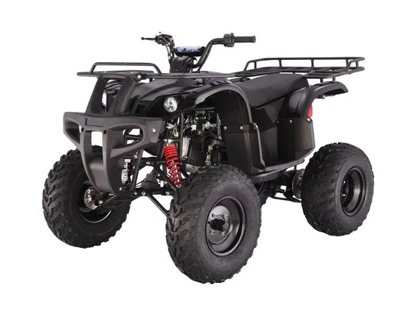 Black all-terrain vehicle ATV with rugged tires and front cargo rack on a white background