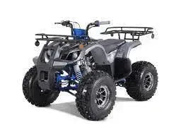 Black and blue 125cc youth utility ATV with rugged tires and front rear cargo racks