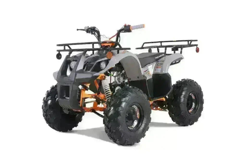 Gray 125cc youth utility ATV with rugged tires and front-rear racks on white background