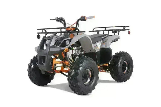 Gray 125cc youth utility ATV with rugged tires and front-rear racks on white background