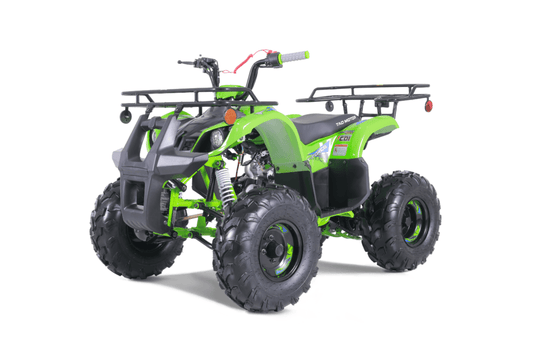 Green kids ATV with rugged tires and front and rear cargo racks on a white background