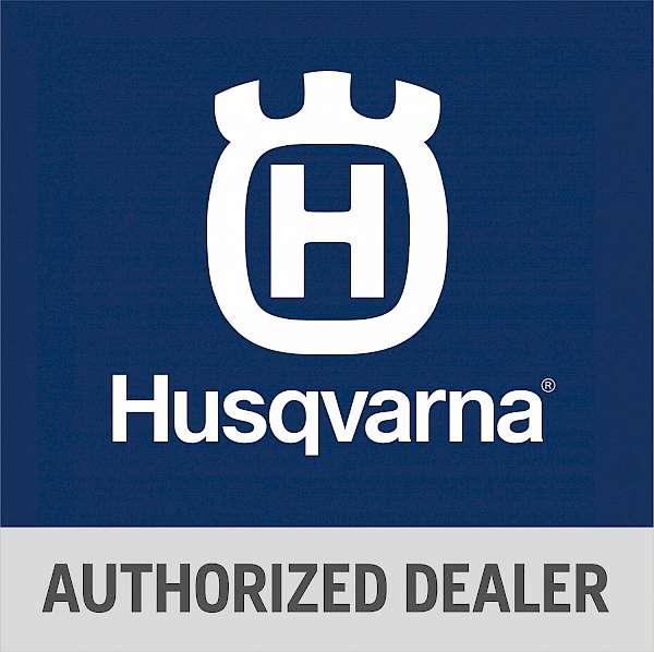 Husqvarna authorized dealer logo on blue and gray background