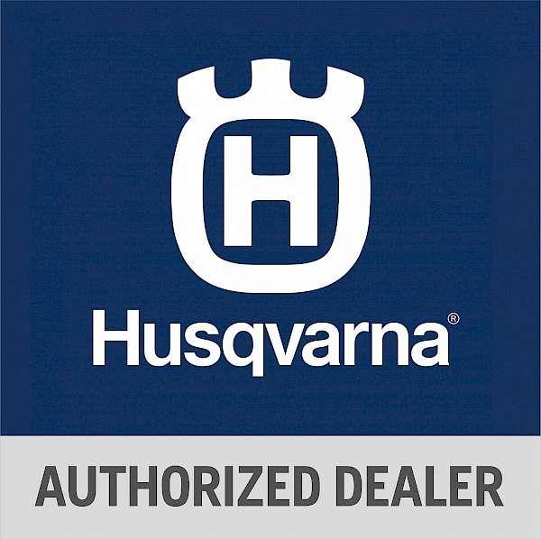 Husqvarna logo with authorized dealer text on blue and gray background