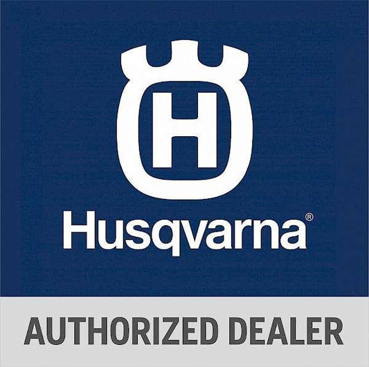 Husqvarna logo with authorized dealer text on blue and gray background