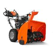 Orange two-stage snow blower with auger, large wheels, and control panel, side view