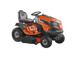 Orange riding lawn mower with ergonomic seat and large wheels in showroom setting