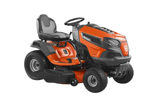 Orange Husqvarna TS 146XK riding lawn mower with black and gray seat, shown on white background