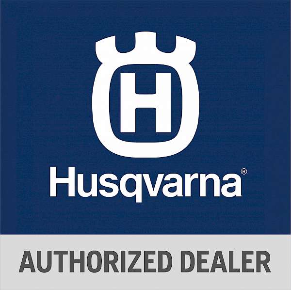 Husqvarna logo on blue background with text 'Authorized Dealer' in gray bar below.
