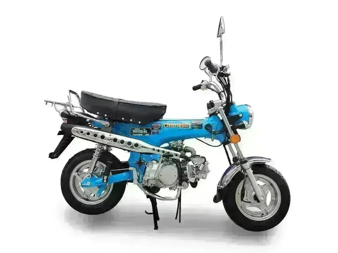 Blue Champion 125cc motorcycle with chrome accents and black seat on white background
