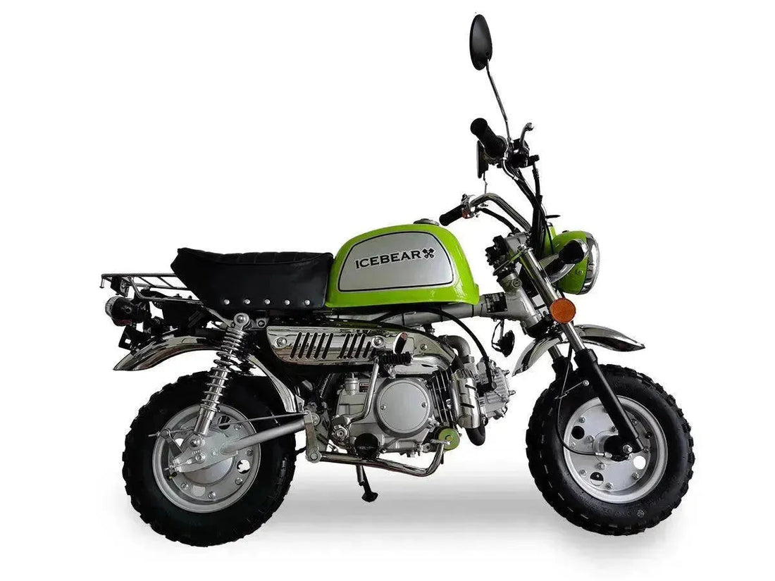 Icebear Leo 125cc green youth motorcycle with rugged tires, shown at Q9 PowerSports USA