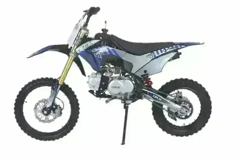 Blue and white 125cc youth dirt bike with off-road tires on white background