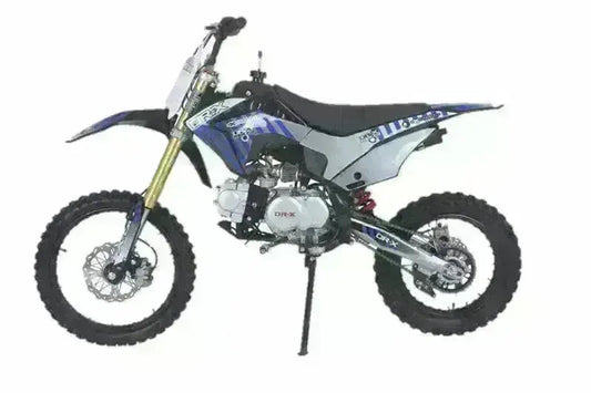 Blue and white 125cc youth dirt bike with off-road tires on white background